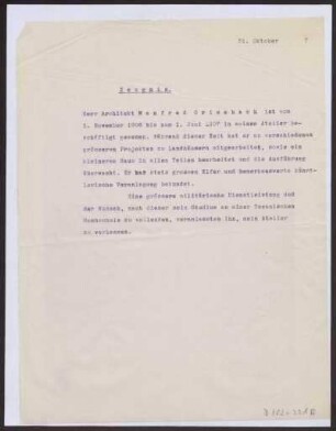 Schreiben an Manfred Grisebach (Brief mit Zeugnis)