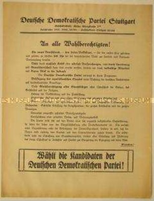 Programmatischer Beitritts- und Wahlaufruf der Deutschen Demokratischen Partei anlässlich der Wahl zur verfassungsgebenden Nationalversammlung