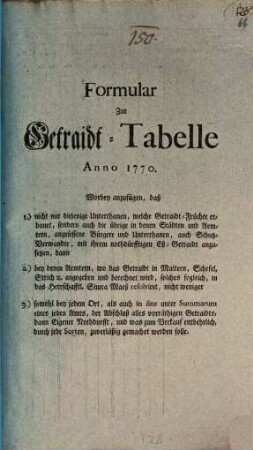 Formular Zur Getraidt-Tabelle : Anno 1770.