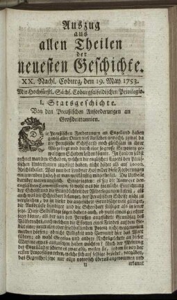 XX. Nachlese. Coburg, den 19. May. 1753.