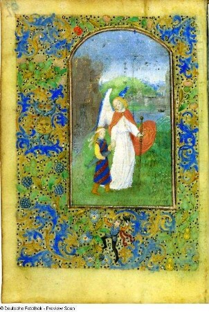 Horarium latinum, genannt Dresdner Gebetbuch : Tobias mit dem Engel. Illuminierte Seite aus "Horarium latine" (Stundenbuch), genannt Dresdner Gebetbuch. Niederländisch, um 1500. Blatt 92. Pergament, Wasserfarben; 13,5 x 9,5 cm. Dresden: SLUB Mscr.Dresd.A.311