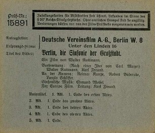 Zensurkarte (Titelseite). Film-Prüfstelle Berlin, 11.6.1927.