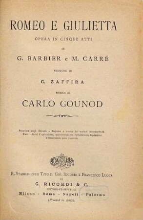 Romeo e Giulietta : opera in cinque atti