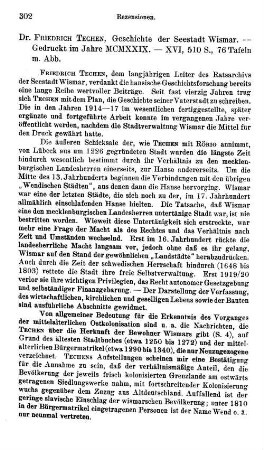 Techen, Friedrich :: Geschichte der Seestadt Wismar : Wismar, 1929