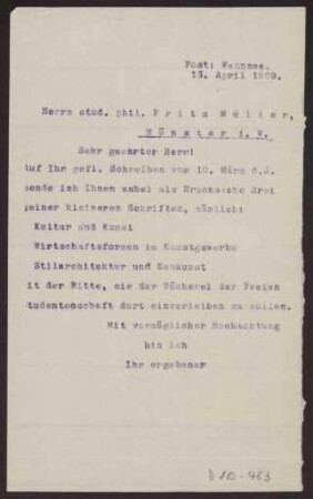 Schreiben an stud. phil. Fritz Müller, Münster (Brief)