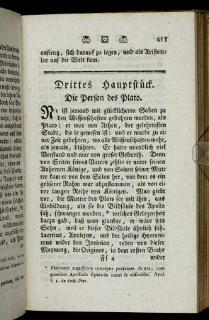 Drittes Hauptstück. Die Person des Plato. - Viertes Hauptstück. Von der Person des Aristoteles.