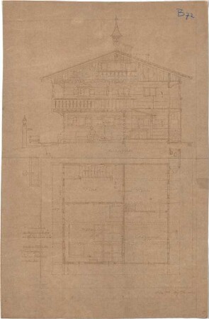 Thiersch, August ; München; Landwirtschaftsausstellung, Oberbayerisches Wohnhaus - Grundriss, Teilansicht, Schnitt