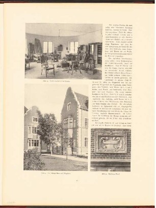 Irrenhaus, Berlin-Buch: Ansicht Offenes und Pflegehaus, Innenansicht Tischlerwerkstatt, Detail Badehaus (aus: Neubauten der Stadt Berlin, Bd. VII, 1908)