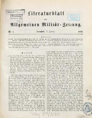 Allgemeine Militär-Zeitung. Literaturblatt zur Allgemeinen Militärzeitung. 1878