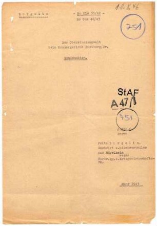 Angeklagter: Bürgelin, Fritz (Gastwirt); Brombach *07.12.1898 in Hügelheim; + ? Delikt: Verbrechen gegen die Kriegswirtschaftsverordnung Tatort: Brombach Tatzeit: Juli 1940-Juni 1941