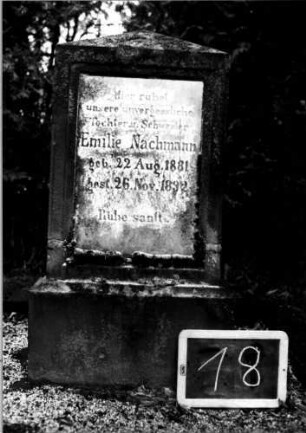 Grabstein 18 (Index: 100110423) Material: Sandstein mit weißer Marmorplatte Zustand: verwittert Maße HxBxT: 89x41x18 cm Beschreibung: Stele, Sockel, obeliskenartiger Abschluß, Schriftplatte rechteckig: Grabstein 18