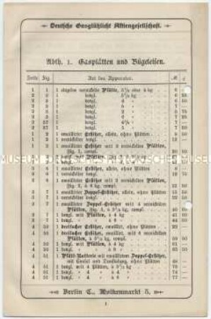 Preisliste für Gasgeräte