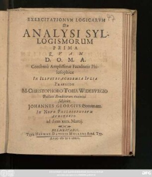 Exercitationum Logicarum De Analysi Syllogismorum Prima
