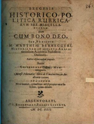Exegesis historico-politica rubricarum sex miscellanearum