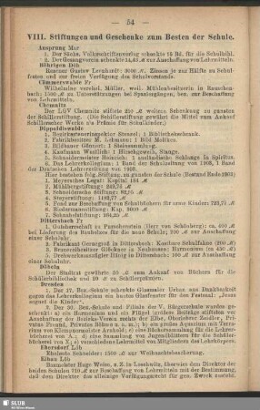 VIII. Stiftungen und Geschenke zum Besten der Schule