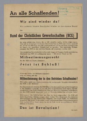 "An alle Schaffenden! Wir sind wieder da!"