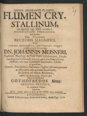 Flumen Crystallinum, ex Apocal. cap. XXII. comm. I. Dissertatione Theologica descriptum