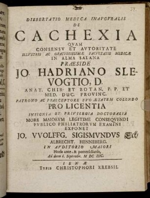 Dissertatio Medica Inauguralis De Cachexia