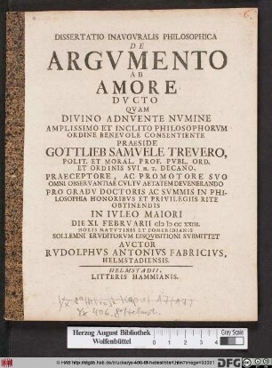 Dissertatio Inavguralis Philosophica De Argvmento Ab Amore Dvcto
