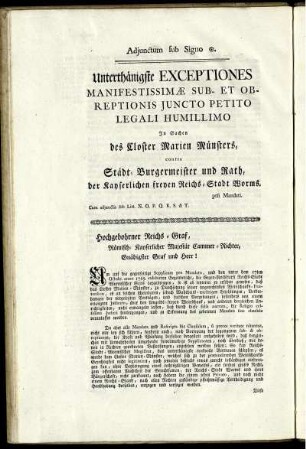 Unterthänigste Exceptiones Manifestissimæ Sub- Et Obreptionis Juncto Petito Legali Humillimo ...
