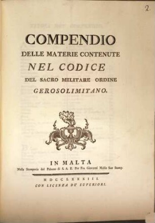 Compendio delle Materie contenute nel Codice del sacro militare Ordine Gerosolimitano