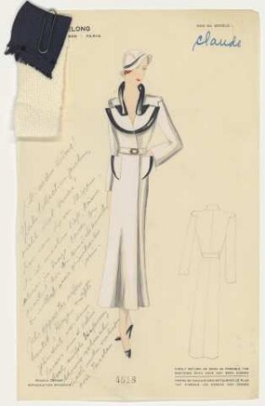 Claude - Ein Mantelkleid mit speziellem Kragen und eine Rückenansicht, mit Materialproben (Archivtitel)