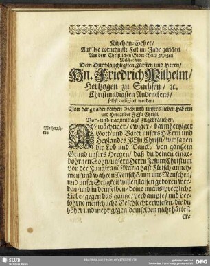 Kirchen-Gebet, Auff die vornehmste Fest im Jahr gerichtet ... Von der gnadenreichen Geburth unseres lieben HErrn und Heylandes JEsu Christi