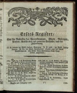 Erstes Register, über die Rubriken der Verordnungen, Edicte, Rescripte, Patente, Ausschreiben und gemeinen Bescheide; nach der Zeitordnung.