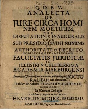 Analecta De Jure Circa Hominem Mortuum