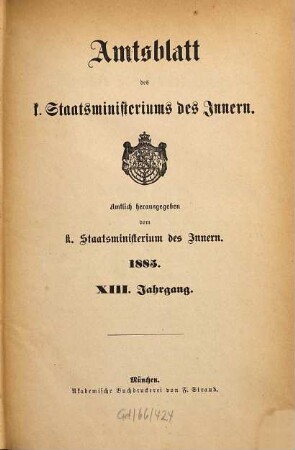 Amtsblatt des Königlichen Staatsministeriums des Innern. 13. 1885