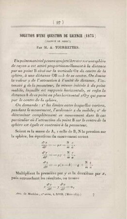 Solution d'une question de licence (1875).
