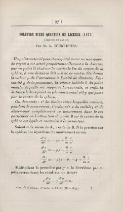 Solution d'une question de licence (1875).