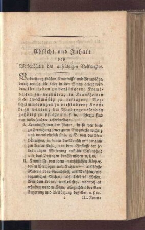 Absicht und Inhalt de Wochenblatts des aufrichtigen Volksarztes