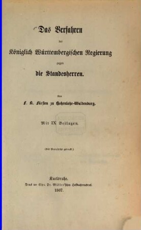 Das Verfahren der Königlich Württembergischen Regierung gegen die Standesherren, I