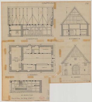 Langenholthausen (Kreis Arnsberg): Hof Nr. 10 Remes. Haupthaus (Grundriss, Giebelansicht, Schnitte)