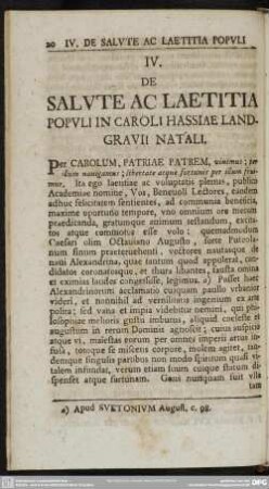 IV. De salute ac Laetitia populi in Caroli Hassiae Landgrauii natali