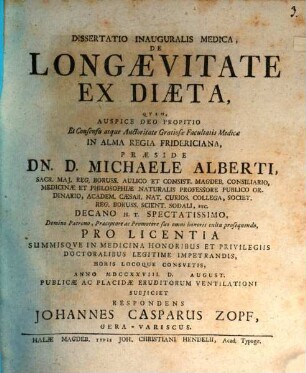 Diss. inaug. med. de longaevitate ex diaeta