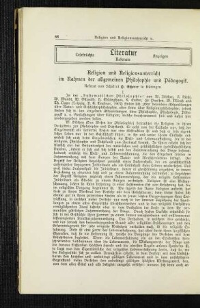 Religion und Religionsunterricht im Rahmen der allgemeinen Philosophie und Pädagogik : Referat