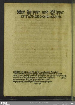 Der Kipper und Wipper, Epitaphium oder Grabschrifft