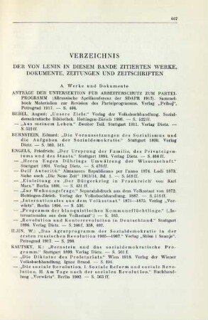 Verzeichnis Der Von Lenin In Diesem Bande Zitierten Werke, Dokumente, Zeitungen Und Zeitschriften