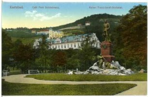Karlsbad. Café "Park Schönbrunn" und Kaiser-Franz-Josef-Denkmal : Karlsbad. Café und Park Schönbrunn mit Denkmal Kaiser Franz Josef I. (1910; E. Boermel, 1923 entfernt)