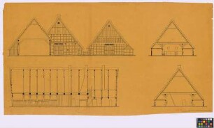 Oederquart ([Landkreis Kehdingen]): Hof Hartlef. - Haupthaus (Längsschnitt, Ansicht, Querschnitt). - [Scheune oder Stall I] (Querschnitt). - [Scheune oder Stall II] (Ansicht, Schnitt)