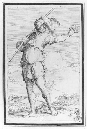 Landsknecht mit erhobenem Linken Arm : Rosa, Salvator. Landsknecht mit erhobenem linken Arm. Blatt aus "Figurine". Radierung; 147 x 96 mm. Dresden: Kupferstich-Kabinett A 104 406 in A 836, 3 (KB)