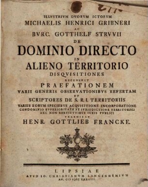 Illvstrivm Dvorvm ICtorvm Michaelis Henrici Gribneri ac Burc. Gotthelf Strvvii De Dominio Directo In Alieno Territorio Disqvisitiones