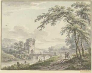 Landschaft mit einer Brücke und Turm, rechts unter einem Baum ein Paar mit einem Hund