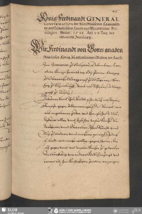 König Ferdinandi General Confirmation der Budissinischen, Camitzschen vnd Lübauischen Landt vnd Weichbilden Priuilegien: Anno: 1538. Am 24 Tag des Monats January