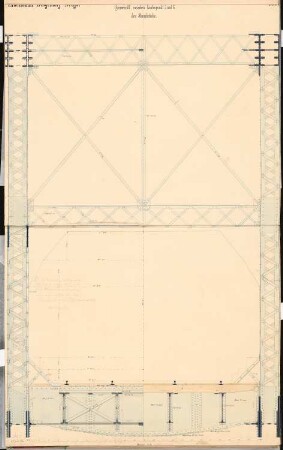 Eisenbahnbrücke über den Rhein, Düsseldorf Schinkelwettbewerb 1867: Flussbrücke: Querschnitt 1:15; Maßstabsleiste, Erläuterungstext