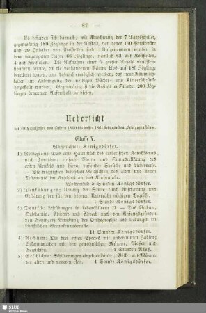 Uebersicht der im Schuljahre von Ostern 1860 bis dahin 1861 behandelten Lehrgegenstände