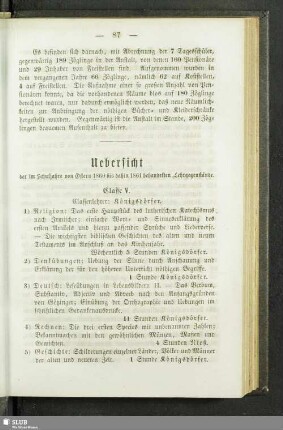 Uebersicht der im Schuljahre von Ostern 1860 bis dahin 1861 behandelten Lehrgegenstände