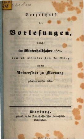 Verzeichnis der Vorlesungen. 1848/49. WH.